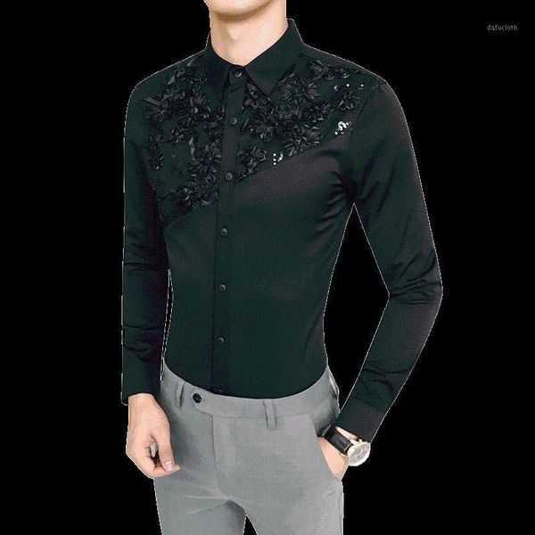 

british style men long sleeve flower shirts unique design men's el banquet ktv shirt comfortable and elegant casual, White;black