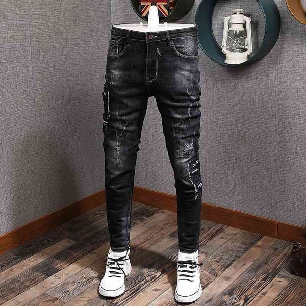 

men's jeans ly designer fashion men black color elastic slim fit ripped denim pants korean style hip hop long trouser, Blue