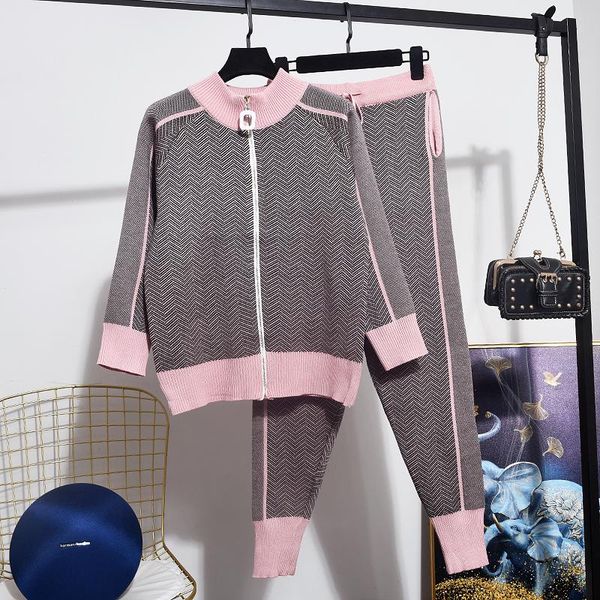 

two piece dress 2021 spring hit color stripe women fashion knitted cardigan coat + casual little feet pants ladies set tide h002, White