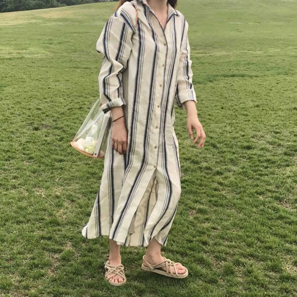 

two piece dress striped vintage long midi turn down collar single breasted casual spring cotton shirt loose harajuku 2021 z157 srw, White