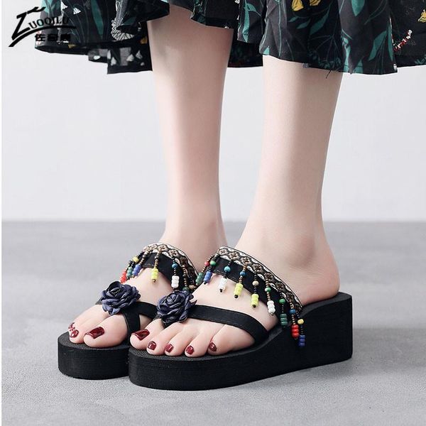 

slippers summer beach flip-flops women's sandals handmade flowers leisure clip flat and 2021 chaussures, Black