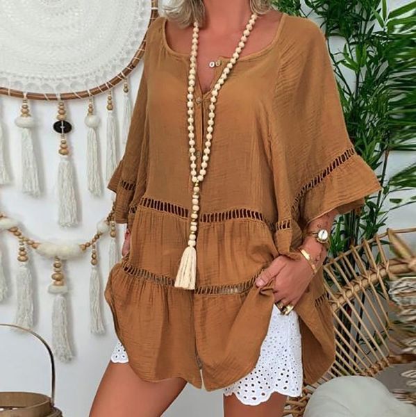

women's blouses & shirts plus size shirt fashion v neck long sleeve pullover women blouse cotton and linen solid color loose hollow out, White