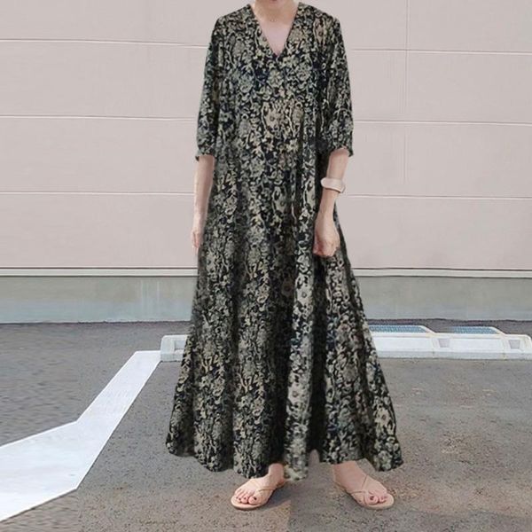 

casual dresses floral dress female summer autumn retro temperament gentle wind black long v neck three-quarter sleeve robe, Black;gray