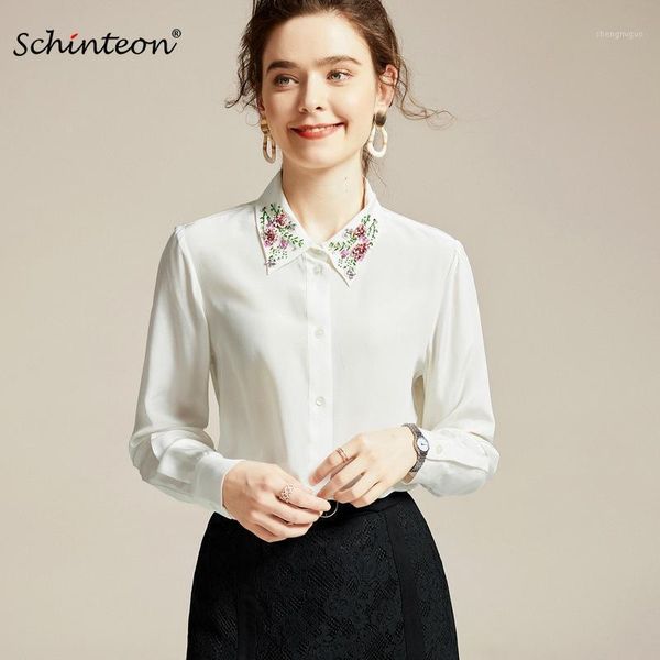 

schinteon spring women 100% real silk blouse long sleeve beading turn down collar printed blouses office lady slim shirt women's & shir, White