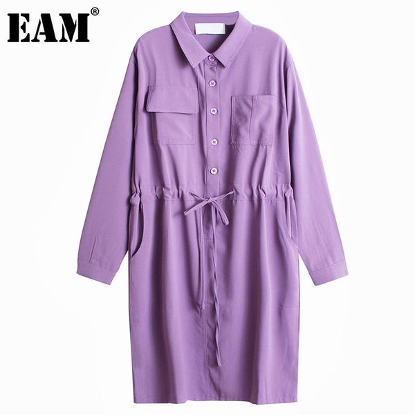 

[eam] women purple drawstring big size dress lapel long sleeve loose fit fashion tide spring autumn 2021 1dd1164 casual dresses, Black;gray