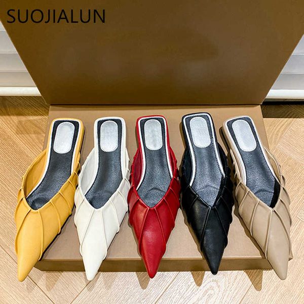 

suojialun women slippers fashion brand pleated pointed toe slip on mules shoes flat hee casual outdoor sandal home slides 210630, Black