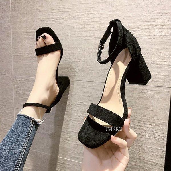 

sandals 2021 ankle strap square heels women summer shoes open toe chunky high party dress sandaleas de mujer, Black