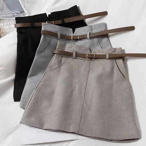 

skirts 2021 spring arrival vintage temperament high waist a-line office womens with belt woolen mini skirt, Black