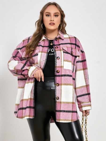 

plus flap pocket front drop shoulder plaid overcoat x5nm#, Black