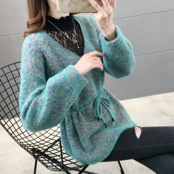 

women's sweaters 5114f zone 27 left] - real picture floral mink lace v-neck up cover 57, White;black