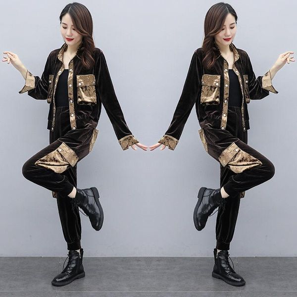 

women velvet tracksuits 2021 spring splicing jacket+trousers two set gold sportswear suit plus size female pants a743 women's piece, White