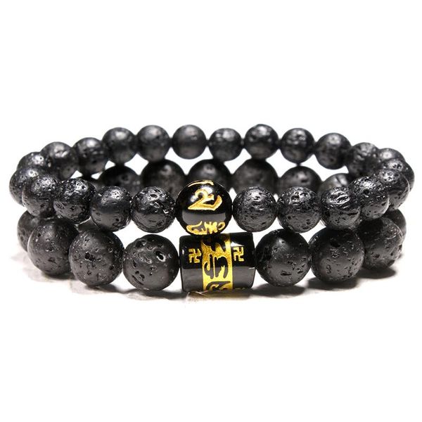 

beaded, strands 2pcs/set beads bracelet for men 8/10mm natural volcanic rock braclet stone male female couple braslet sanskrit buddha brazal, Black