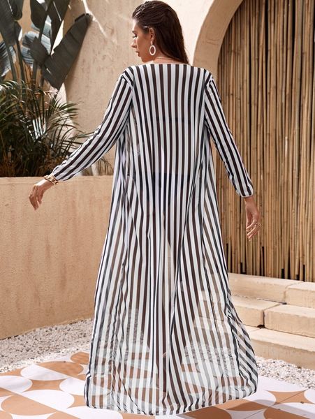 

striped open front kimono u3cp#, White;black
