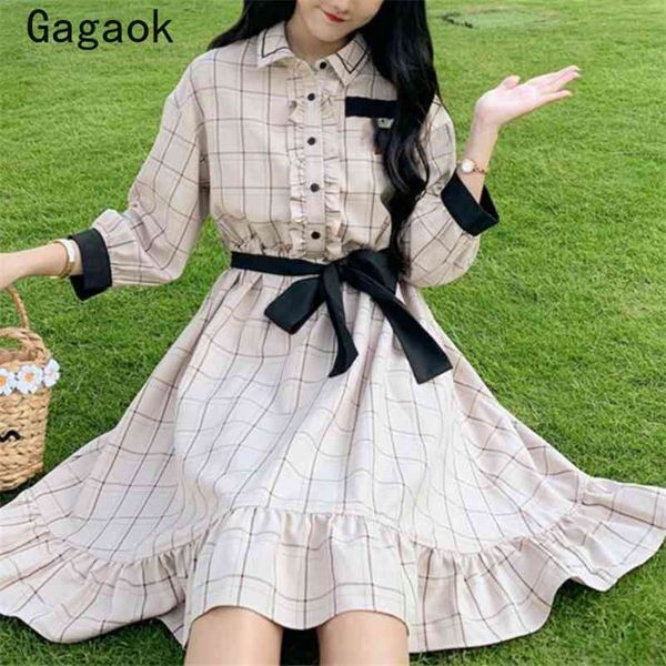 

women preppy style dress summer turn-down collar ruffles plaid a-line slim sweet chic wild midi vestidos 210531, Black;gray