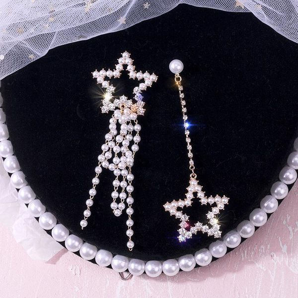 

dangle & chandelier statement hollow star simulated pearl asymmetry tassel drop earrings for women party wedding jewelry pendientes brincos, Silver