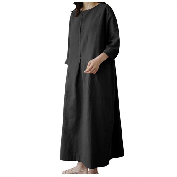 

casual dresses maxi for women 2021 women's fashion solid cotton linen long sleeve o neck swing party dress vestido de mujer, Black;gray