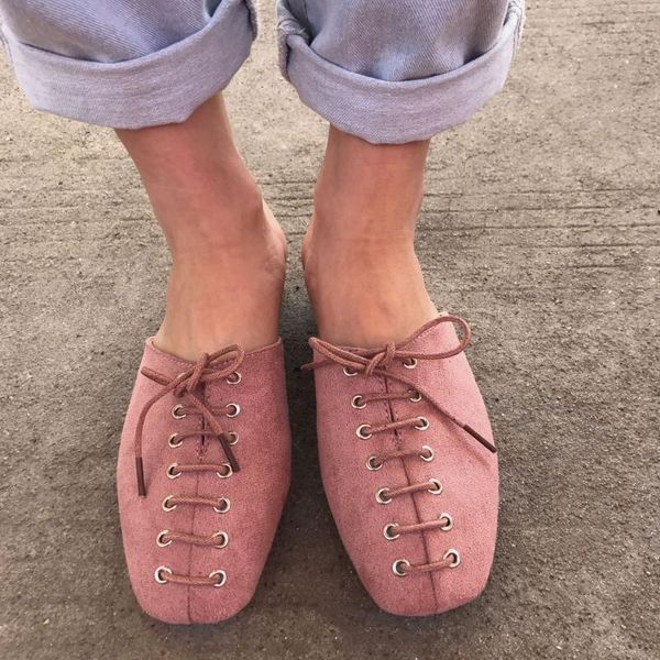 

slippers sweet solid concise square heel slides women low summer office career outside casual lace-up ladies shoes, Black