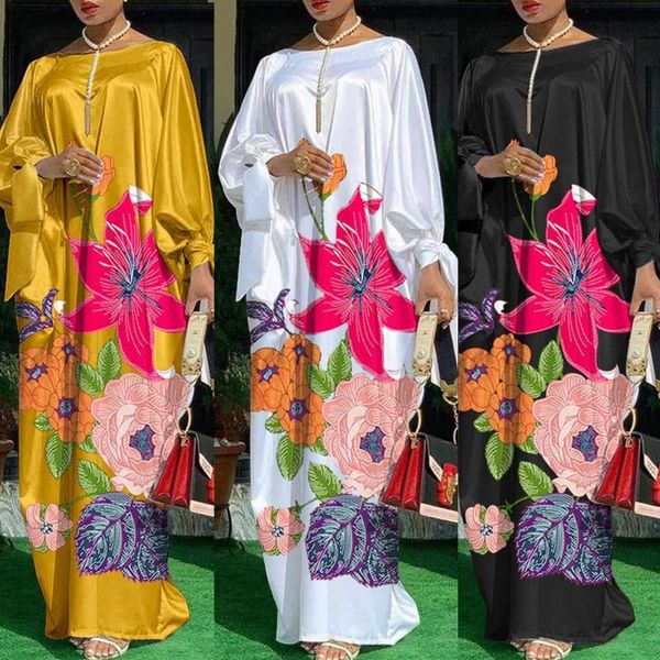 

casual dresses women batwing long sleeve floral print loose maxi dress streetwear elegant, Black;gray