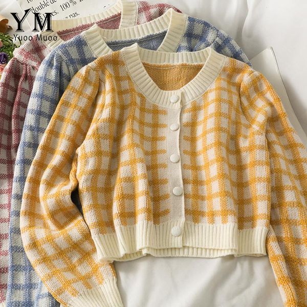 

women's knits & tees yuoomuoo ins fashion women plaid knit cardigan sweaters 2021 spring autumn long sleeve korean slim-fit crop ropa, White