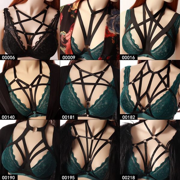 

pentagram strappy body harness bra black soft caged bra bondage lingerie punk gothic plus size festival rave for women, Black;white