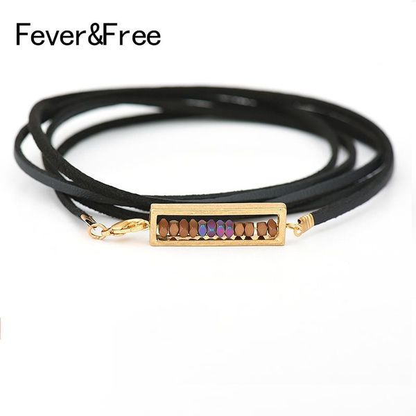 

charm bracelets fever&multilayer black leather chain vintage rectangle beads bangles for women pulseras mujer moda 2021, Golden;silver