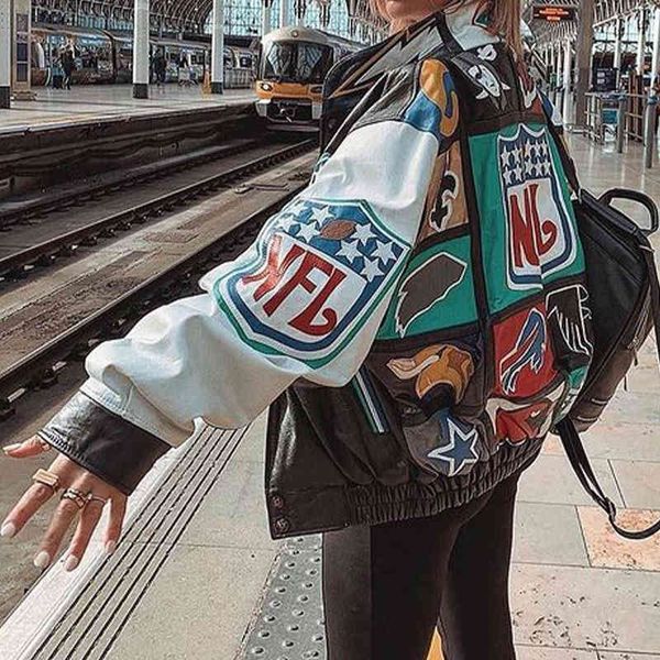 

women's jackets women printed bomber jacket long sleeve stand collar stitch coats korean style streetwear girls baseball txom, Black;brown