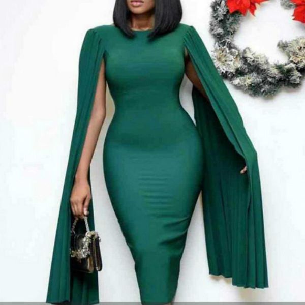 

women bodycon dresses clock sleeves pleated green christmas party celebrate event occastion slim african fashion elastic robes casual, Black;gray