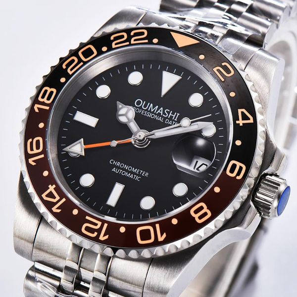 

oumashi 40mm automatic mechanical gmt watch men sapphire glass luminous waterproof date function wristwatch wristwatches, Slivery;brown