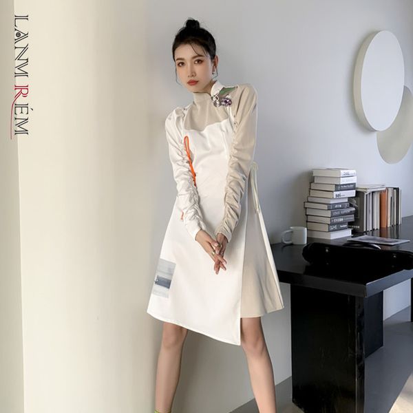 

vintage dress women long sleeve a line stand collar asymmetrical elegant lady dresses spring autumn 2a9020 210507, Black;gray