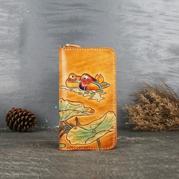 

wallets johnature women purse 2021 vintage handmade genuine leather carving large clutch wallet card holder long cowhide, Red;black