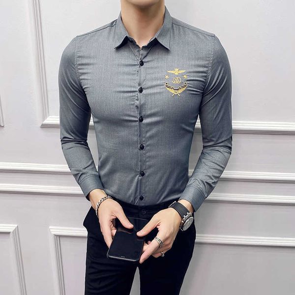 

gold embroidery men dress shirts long sleeve casual slim fit men shirt social formal tuxedo party blouse chemise homme 210527, White;black