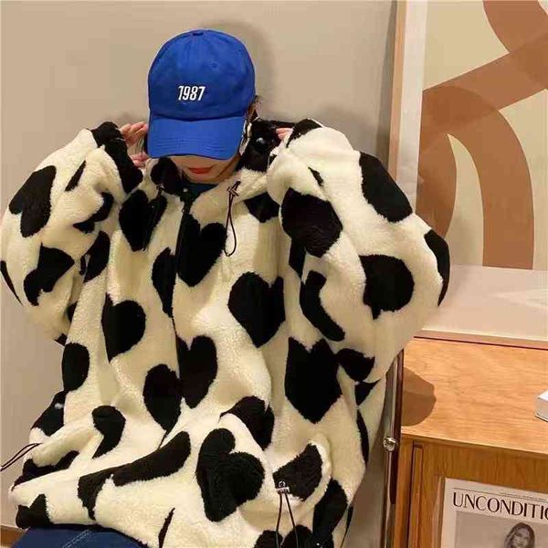 

women's jackets harajuku kawaii amor padrÃ£o de pelÃºcia oversized jaqueta peludo menina inverno solto coreano espessamento quente zÃ­per, Black;brown