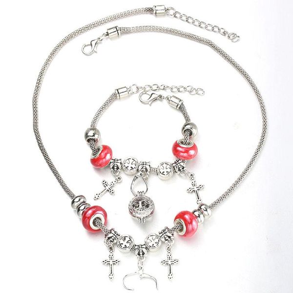 

earrings & necklace 6 colors cross bracelet set lobster clasp fine red bead hollow chain beaded with hook diy pendant jewelry, Silver