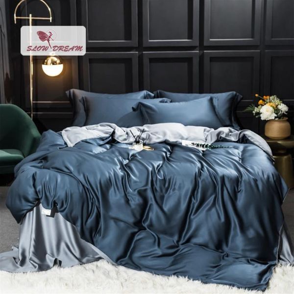 

bedding sets slowdream pure blue gray 100% silk set beauty healthy  king silky quilt cover pillwocase flat sheet or fitted