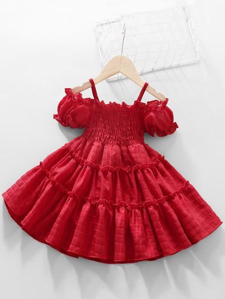 

little girl's a-shaped dress with shoulder digging and pleating she, Red;yellow