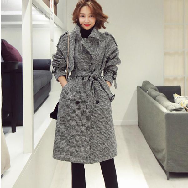 

women's wool & blends winter fashion long coat elegant double-breasted lapel collar sashes tweed thick woolen outerwear, Black