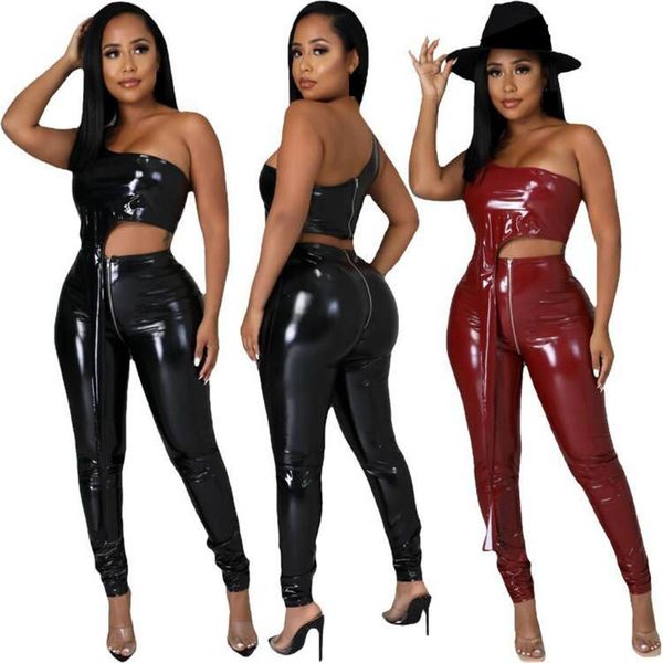 

women's two piece pants wuhe pu leather 2 set women one shoulder sleeveless irregular vest crop zipper pencil black stretchy suits, White