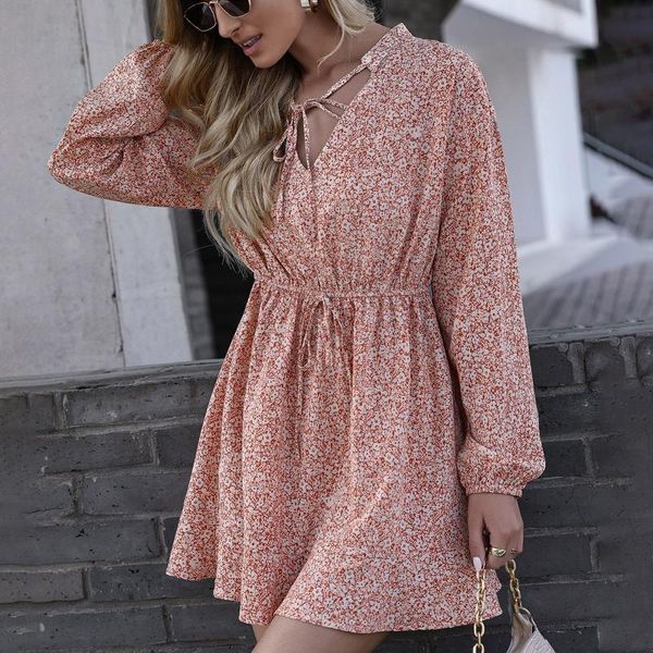

autumn causal long sleeve dress femme vetidos women's elastic waist solid color tether v-neck floral mini casual dresses, Black;gray