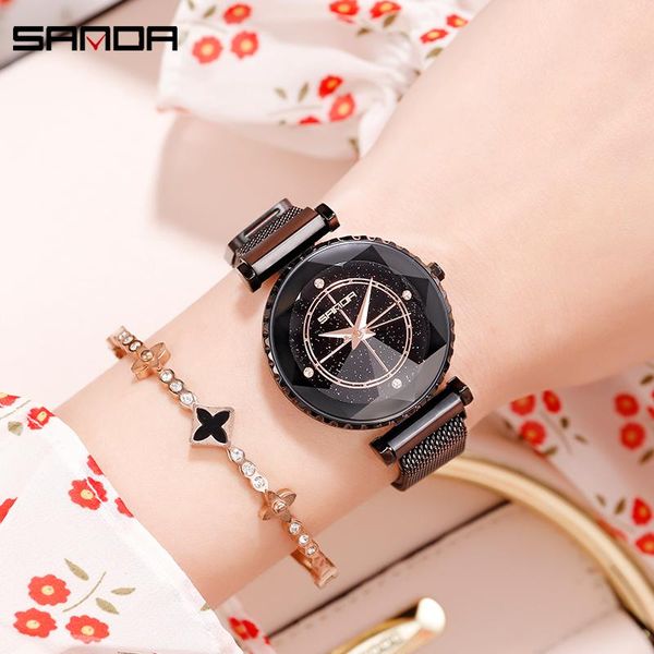 

wristwatches sanda luxury ladies crystal watch women dress fashion rose gold quartz watches female stainless steel p1015, Slivery;brown