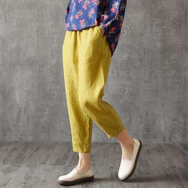 

women's pants & capris women cotton linen loose elastic waist harem summer korean casual high yellow carrot soft spring trouser, Black;white