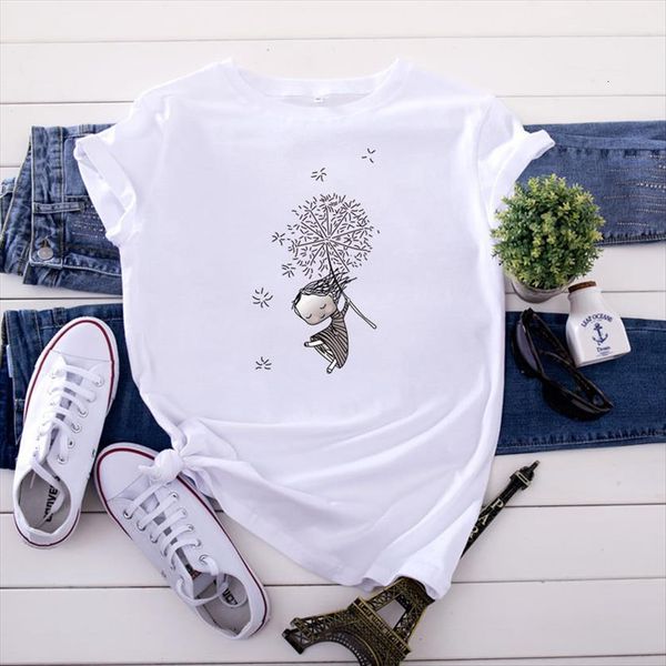 

fashion dandelion print short sleeve womens summer casual harajuku graphic, White