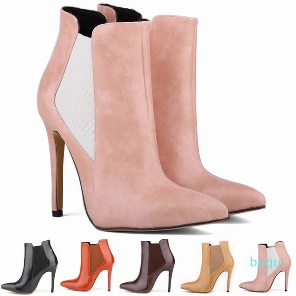 

designer- women pointed toe boots fashion faux leather high stiletto heels platform ankle boots shoes plus size, Black