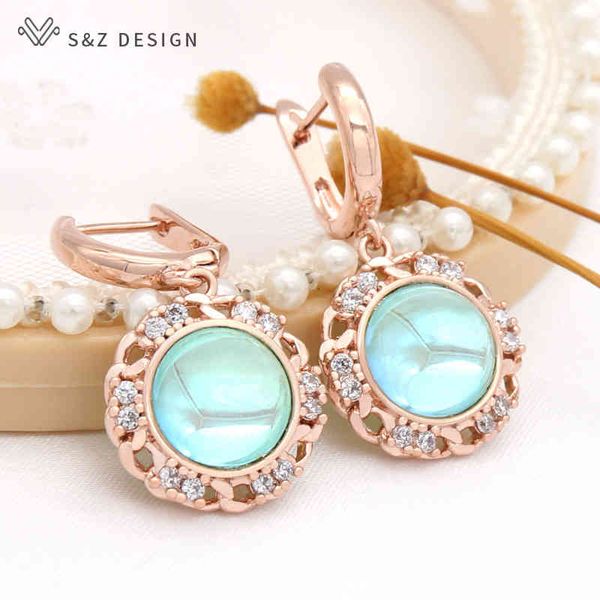 

s&z design new 2021 trendy round crystal dangle earrings for women wedding luxury jewelry 585 rose gold cubic zirconia eardrop, Bronze;silver