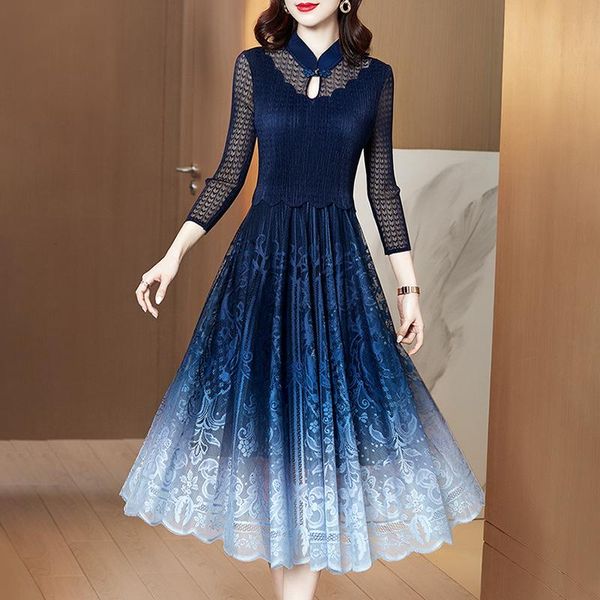 

casual dresses summer 2021 spring vintage three quarter sleeve high elastic size gradient color a line dress woman, Black;gray