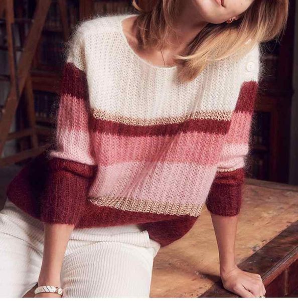 

sweater bean paste powder striped loose neck button sweaters for women a28b, White;black