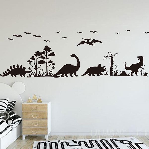 Grande Jurassic Park Forest Dinossauro Natureza T-Rex Adesivo de Parede Vinil Árvore Pássaro Decoração Decoração Sala de estar Quarto Decalques Murais 4525 210615