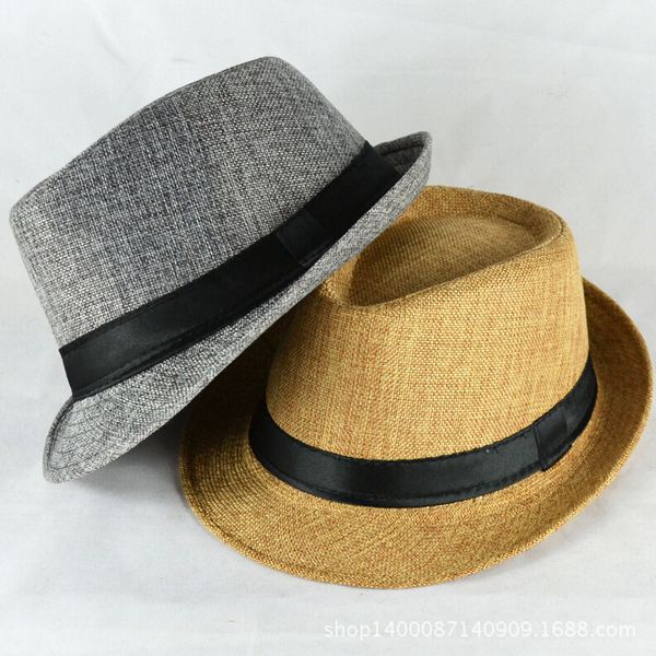 

british in spring and summer men's linen sunshade jazz beach grass hat, Blue;gray