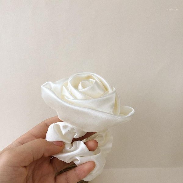 

vintage silk satin white big rose flower women elastic hair bands tie gum cute chiffon girls scrunchie headwear accessories1