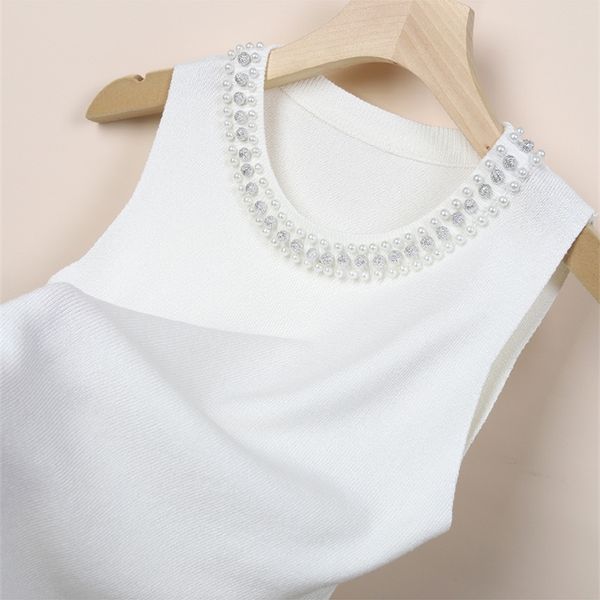 

beading knitted tank women summer elegant modis o-neck sleeveless black white 210319