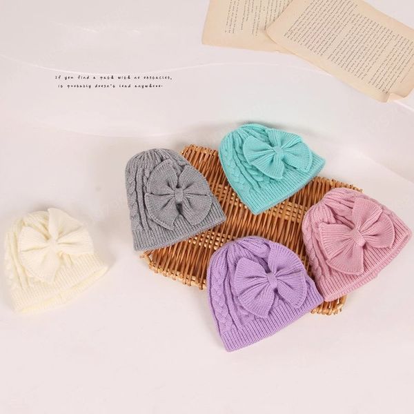 

baby girl big bows knitted cap autumn winter warm kids solid color hat baby beanie bonnet, Yellow